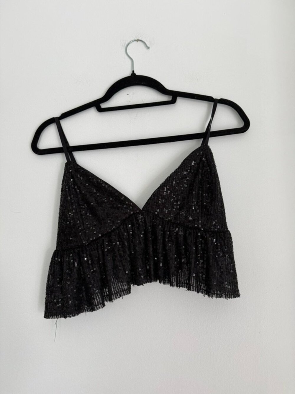 Garage Black Sequin Ruffle Crop Cami Top Size Large